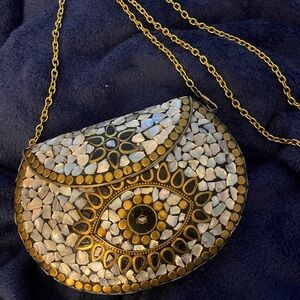 Handmade Gold Metal Boho Evil Eye Mother of Pearl Seashell Crossbody Purse